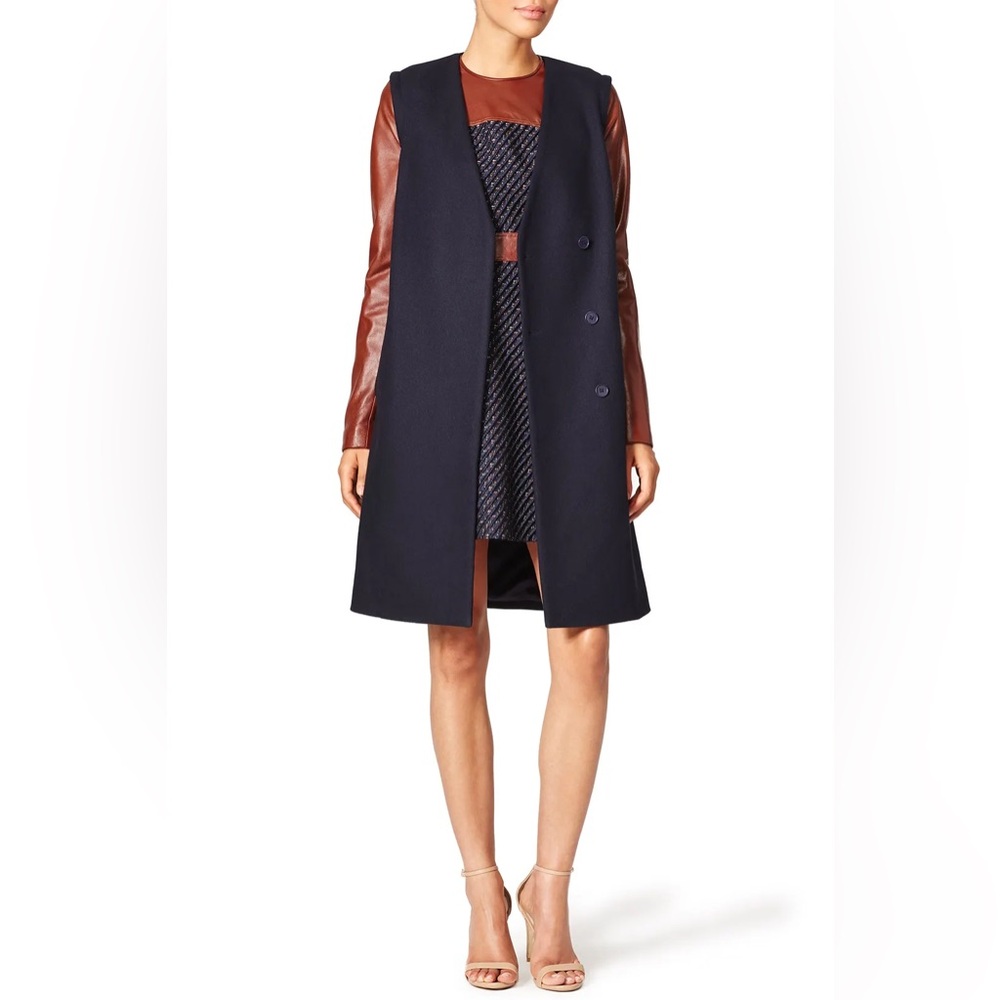 Theory Quennel Navy Blue Wool Brown Leather Sleeve Jacket Coat Size L NWT